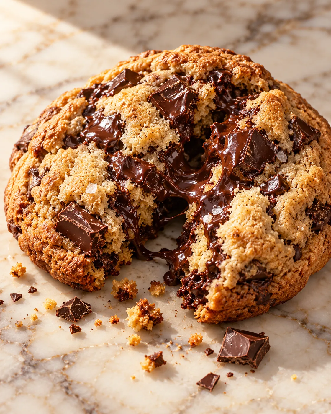 A chocolate chunk cookie broken open with melted chocolate