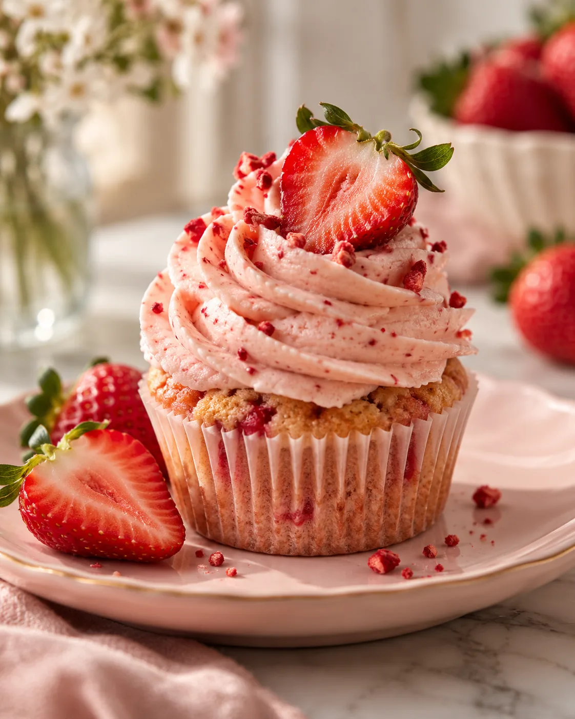 Strawberry frosted cupcake on a pale plate